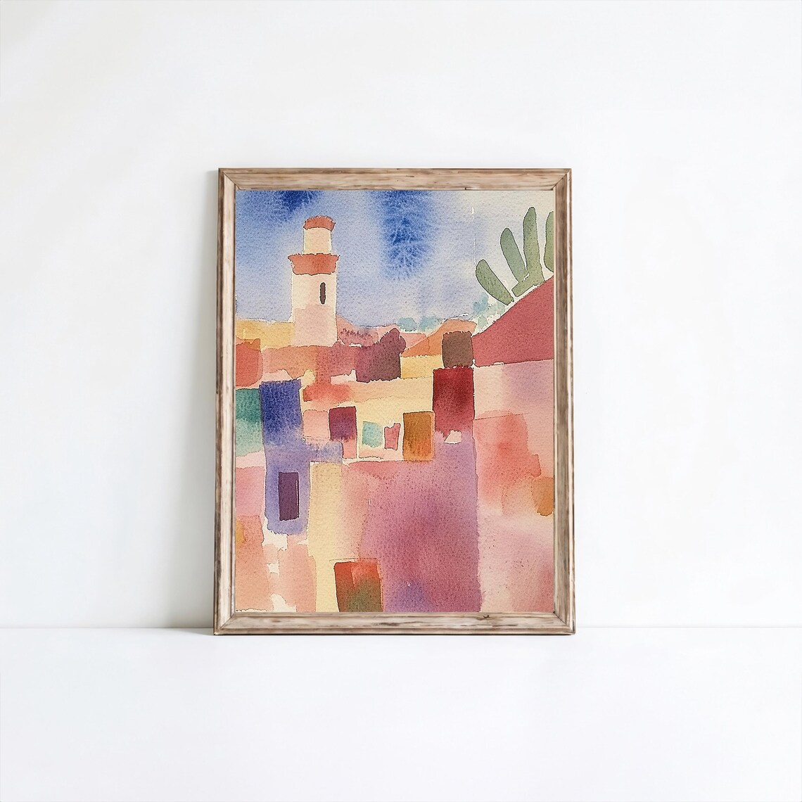 Geometric Watercolor Old Town Tower Coral Rose Cityscape Print