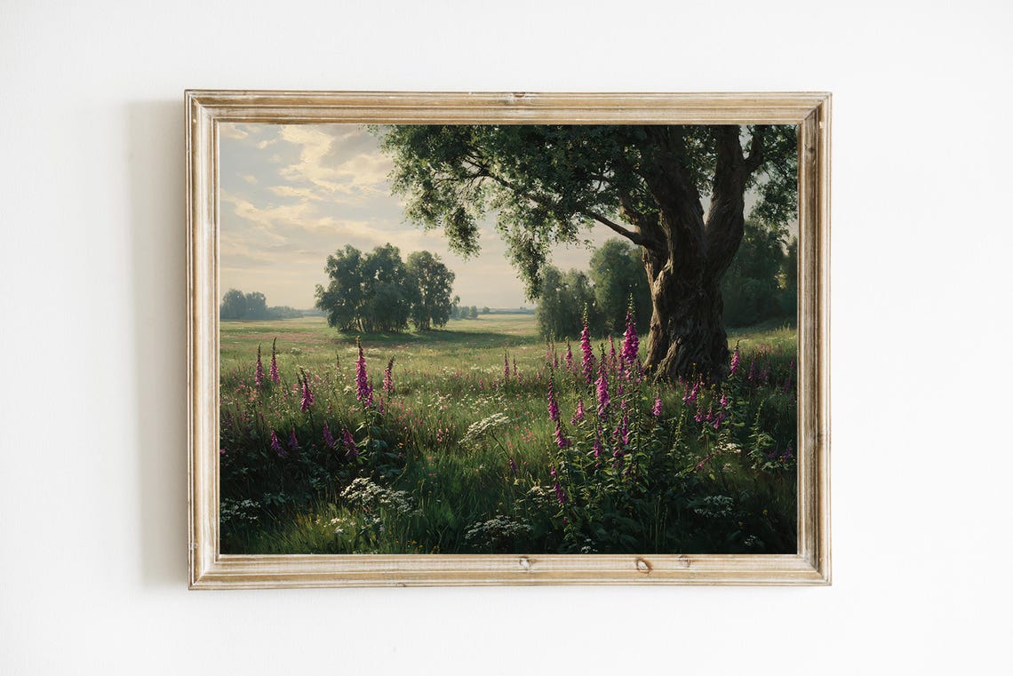 Vintage Soft Foxglove Meadow Oak Tree Morning Countryside Poster