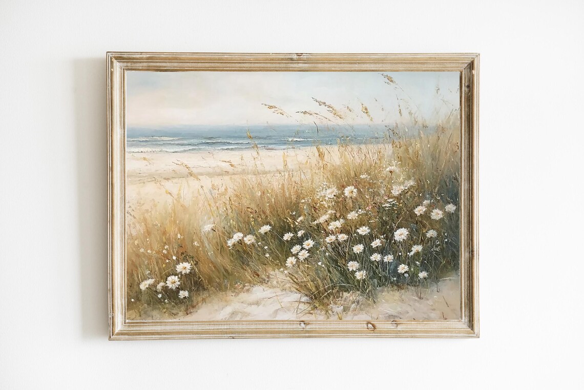 Seaside Daisy Field Beach Dune Wildflowers Vintage Painting Print