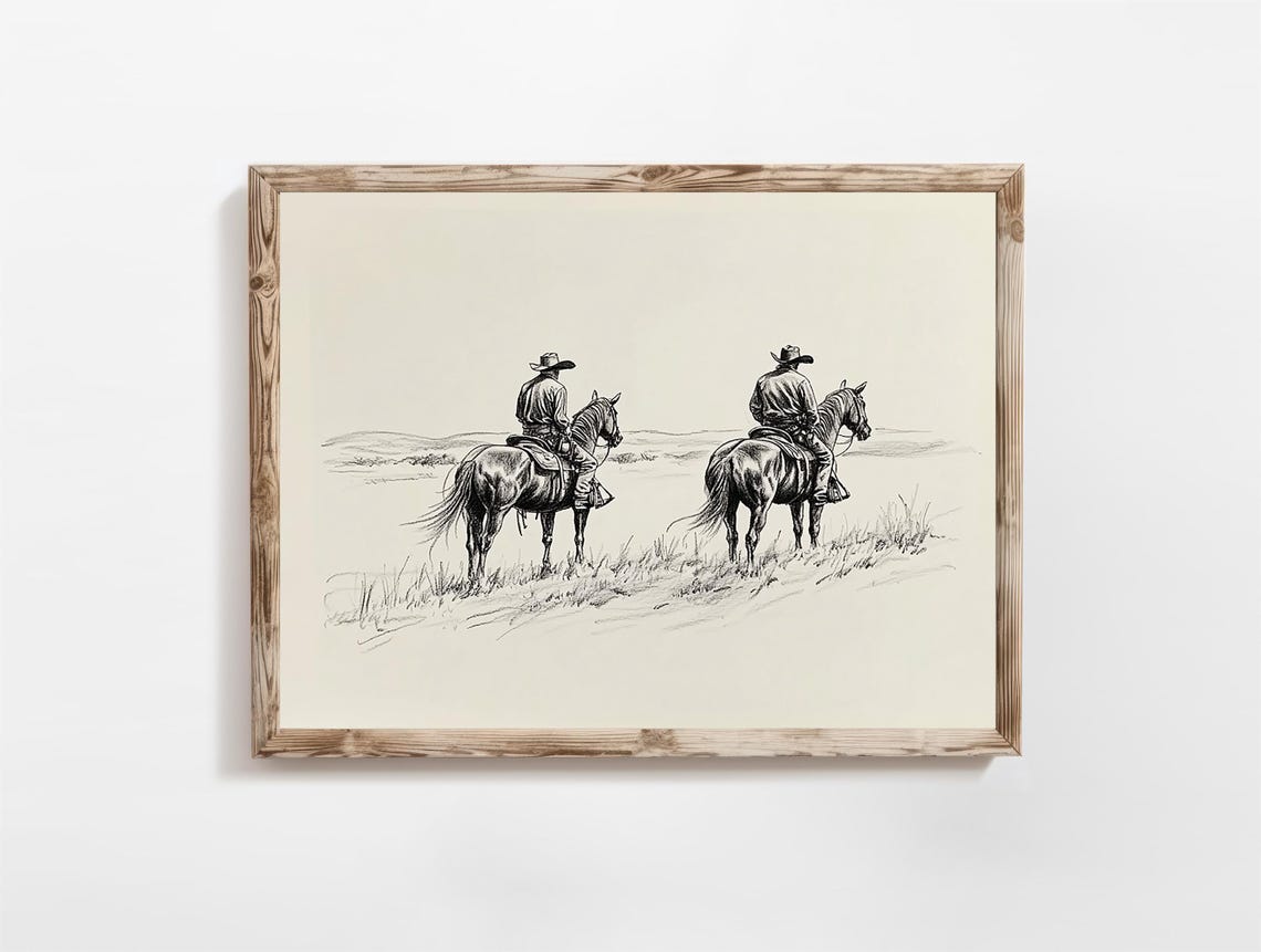 Two Cowboys on Horseback Pencil Sketch Western Landscape Wall Art