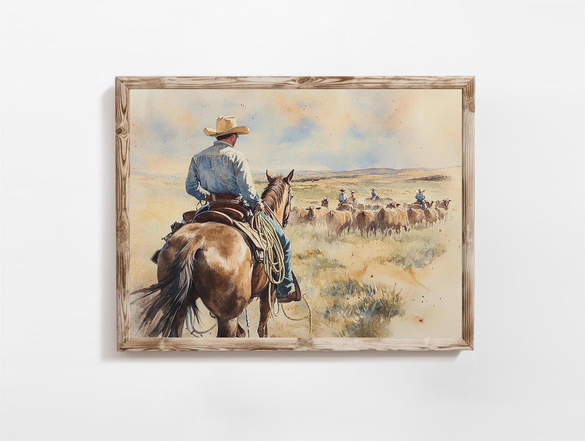 Cowboy Cattle Drive Dusty Golden Plains Watercolor Western Poster