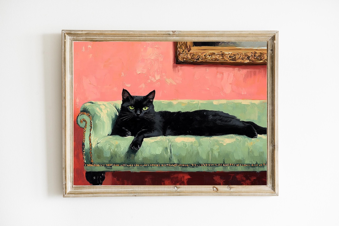 Elegant Black Cat Lounging Green Velvet Sofa Whimsical Painting Poster