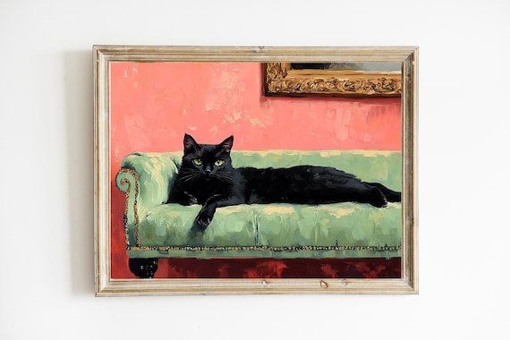 Elegant Black Cat Whimsical Art Funny Decor Painting Fine Lover Gift E841