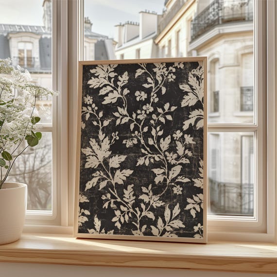 Black Botanical Vintage Pattern Art Print, Farmhouse Decor