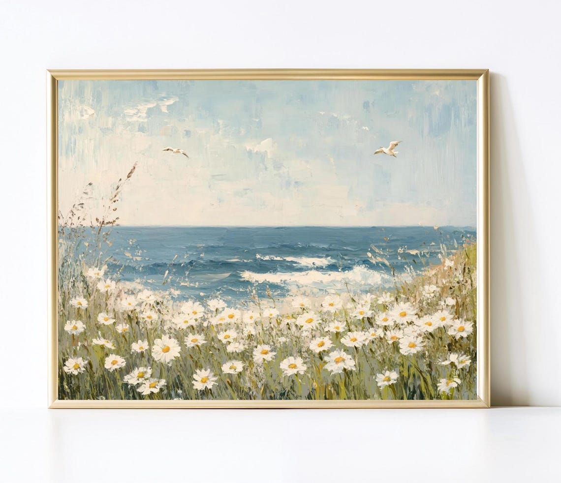 Seaside Daisy Cliffs Ocean Waves White Wildflowers Painting Print