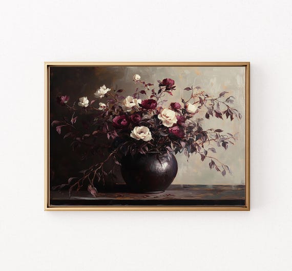 Antique Burgundy Still Life Moody Vintage Painting Farmhouse Floral Wall Art Modern E151