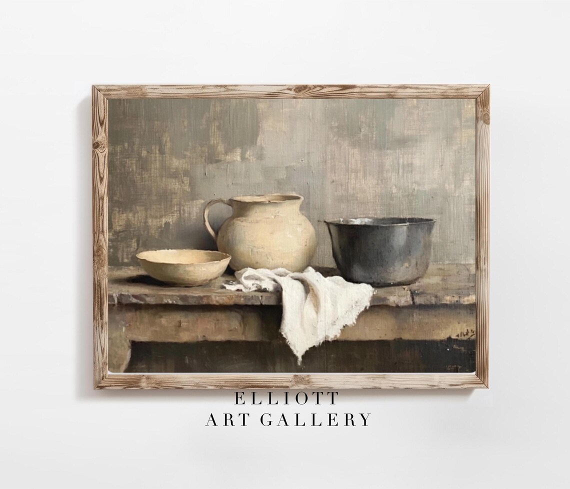 Rustic Kitchen Pottery Still Life, Farmhouse Art Print