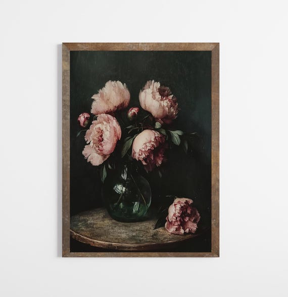 Vintage Dark Floral Moody Flower Print Still Life Art Oil Painting E542
