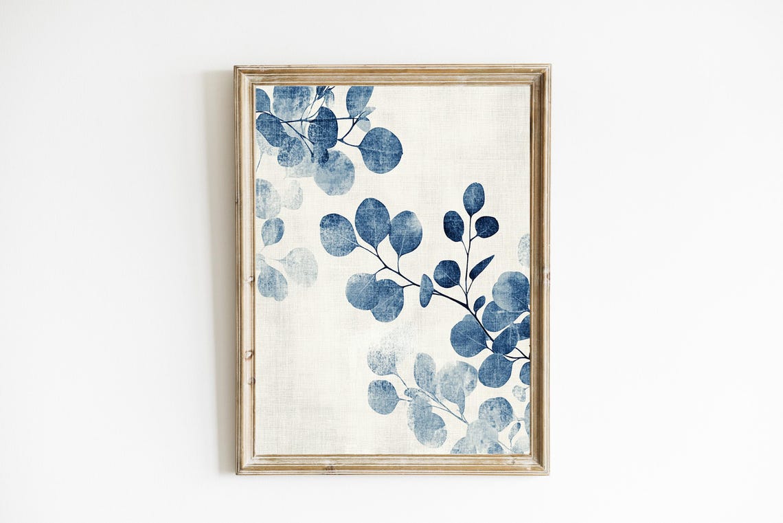 Blue Eucalyptus Branches Vintage Botanical Textile Framed Wall Art