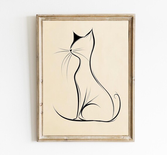 Elegant Minimalist Line Art Cat Sitting Profile Modern Poster
