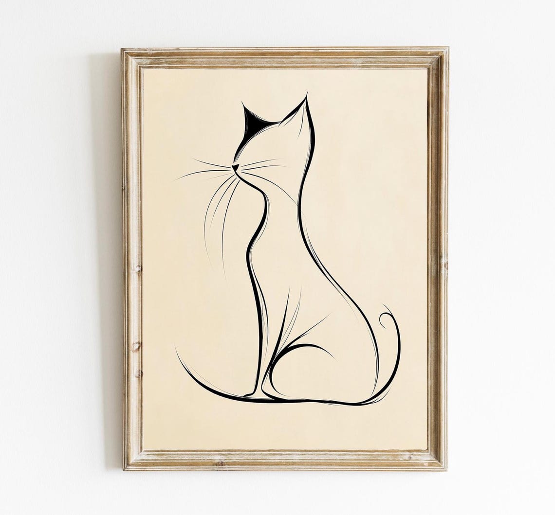 Elegant Minimalist Line Art Cat Sitting Profile Modern Poster
