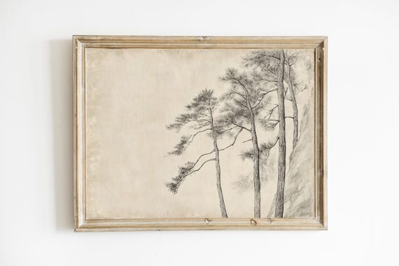 Neutral Tree Sketch Antique Rustic Forest Wall Art Vintage Minimalist E762