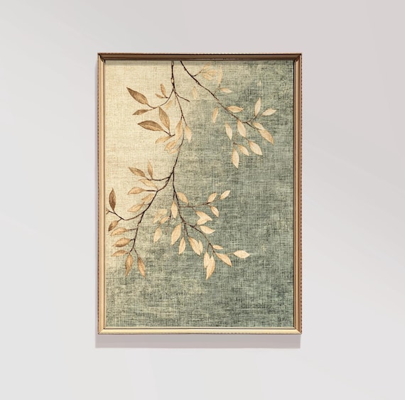 Delicate Beige Leaves on Sage Green Vintage Linen Texture Poster