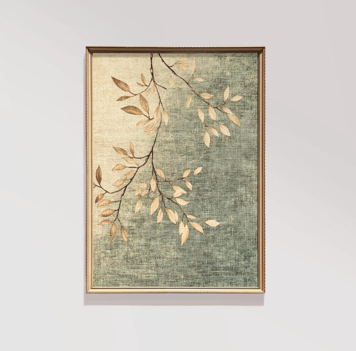 Delicate Beige Leaves on Sage Green Vintage Linen Texture Poster