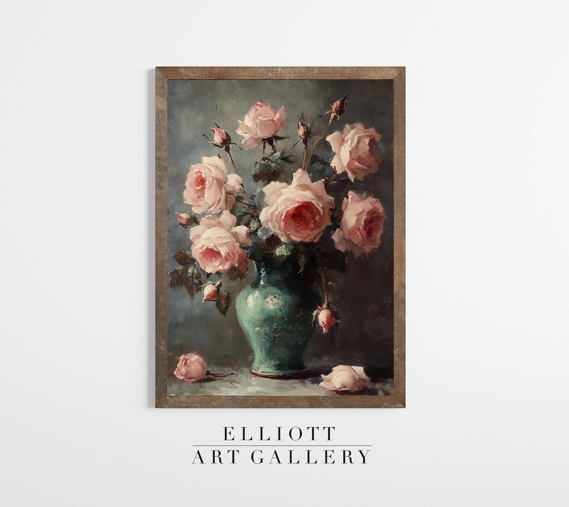 Pink Roses In Green Vase Vintage Botanical Still Life Art Poster