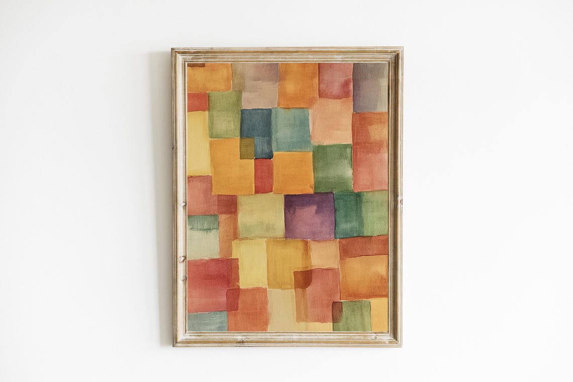 Warm Toned Abstract Watercolor Grid Squares Modern Art Poster