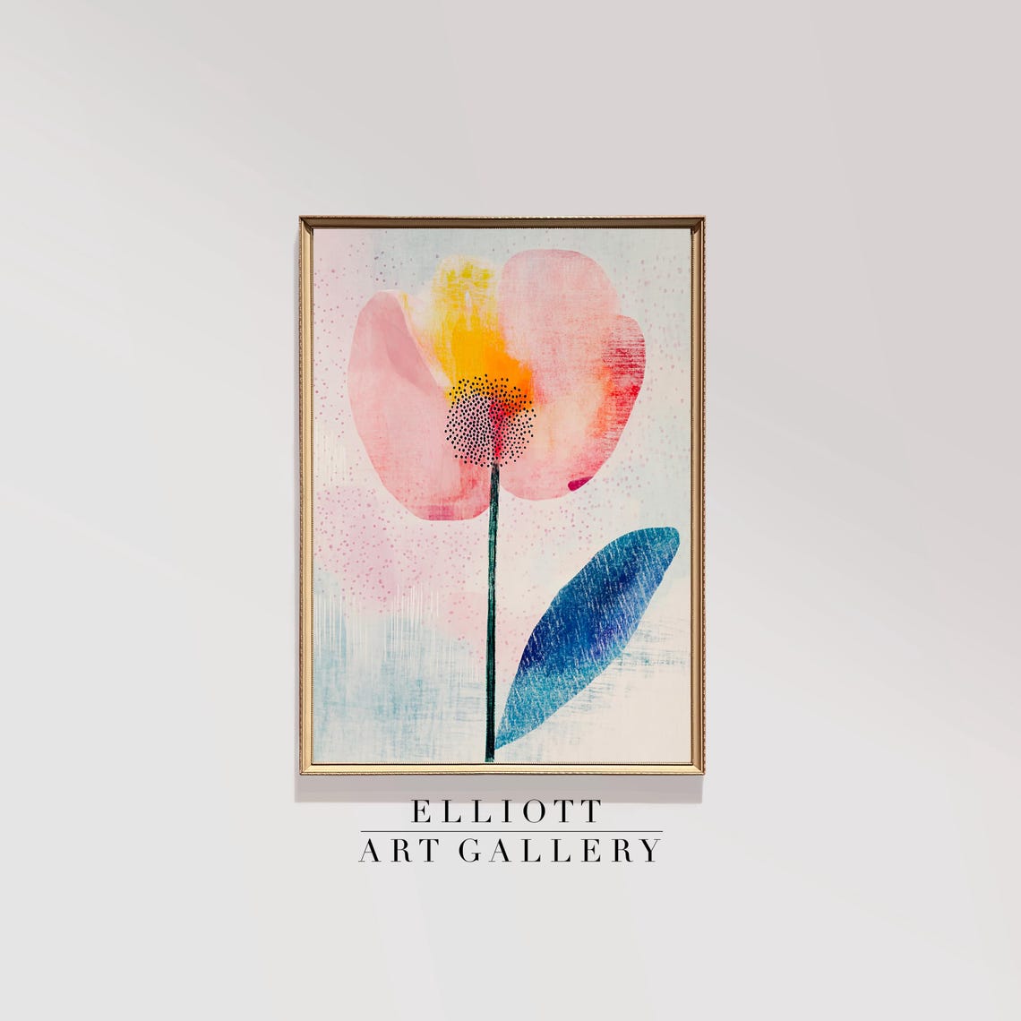 Abstract Poppy Blossom Pastel Floral Painting With Blue Leaf Print