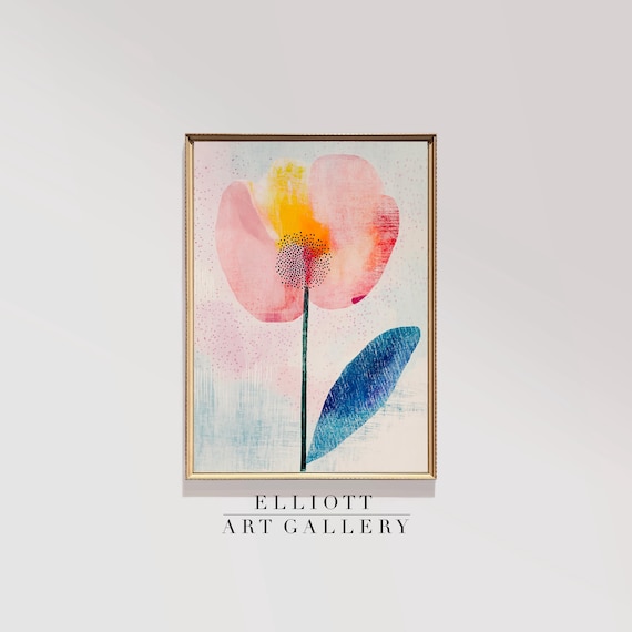 Abstract Poppy Blossom Pastel Floral Painting With Blue Leaf Print