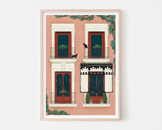 Madrid Plaza Mayor Black Cat Art Print
