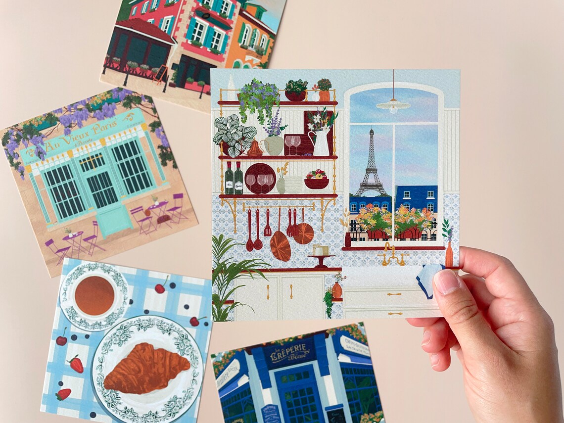 Postcards Paris Eiffel Tower, Parisian Cafe Art Print - Image 3