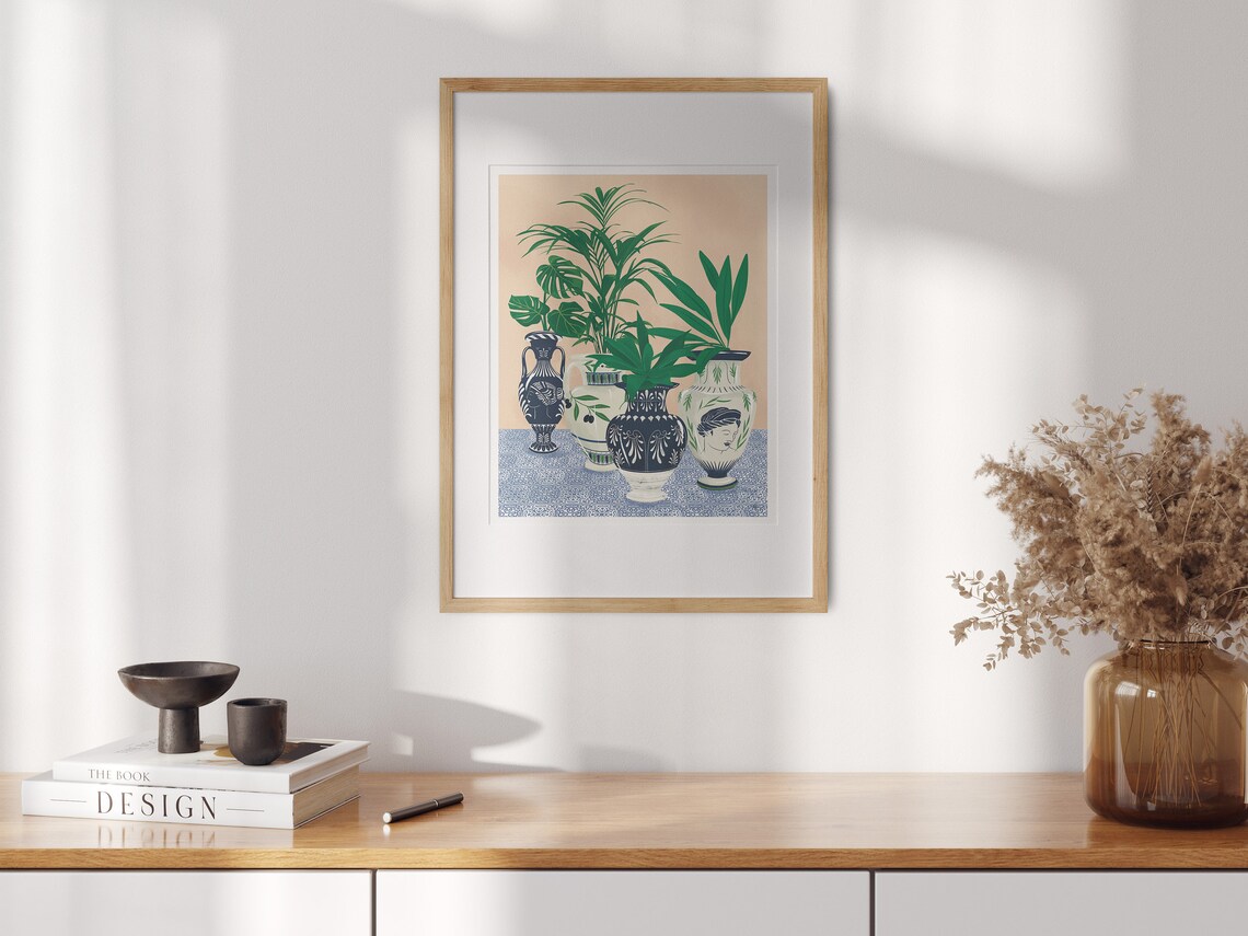 Greece Art Print, Greek Pottery and Potted Plants - Image 3