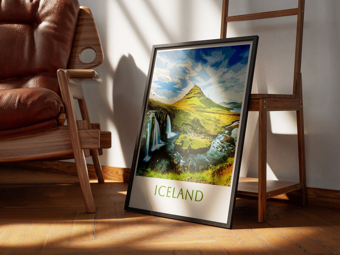 Iceland Kirkjufell Falls Vintage Style Travel Landscape Poster - Image 2