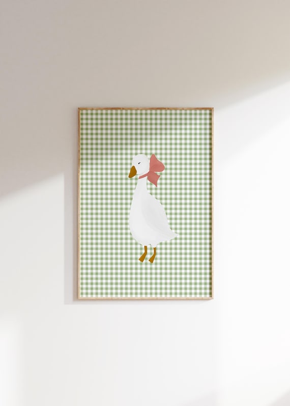 White Goose Pink Bow Green Gingham Girls Room Nursery Poster