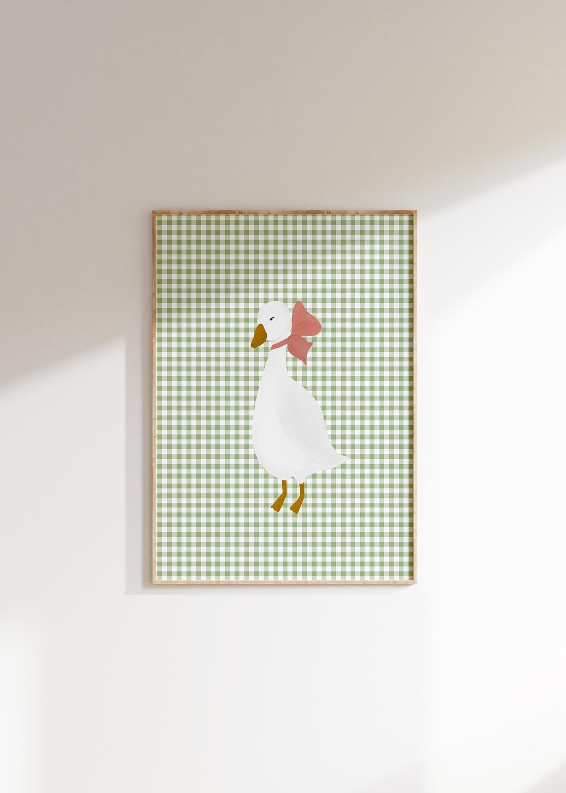 White Goose Pink Bow Green Gingham Girls Room Nursery Poster