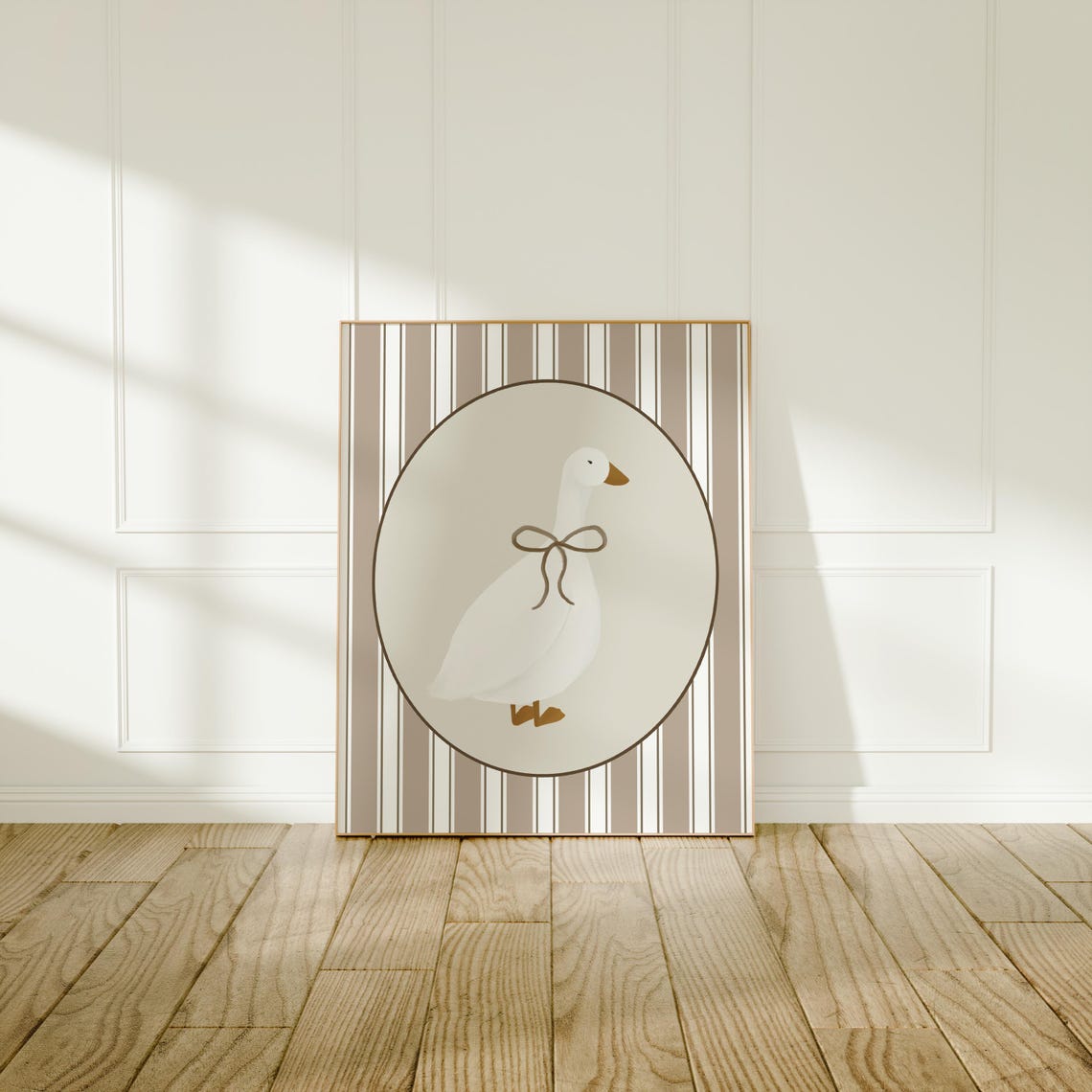 Cute Goose Nursery Print with Brown Bow and Striped Background Design - Image 2