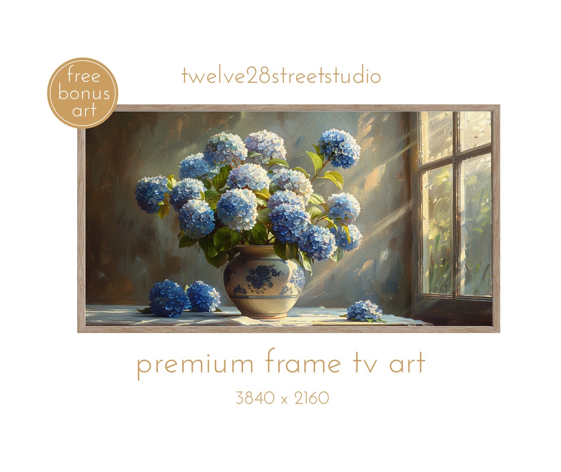Blue Hydrangeas Porcelain Vase Sunlit Window Floral Still Life Print