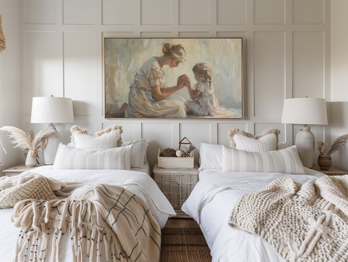 Mother and Daughter Praying Together White Gowns Soft Oil Painting Art Poster - Image 3