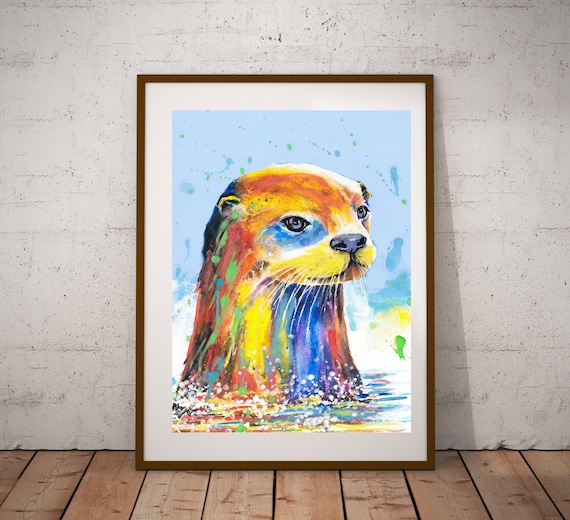 Rainbow Otter Portrait Watercolor Splatter Playful Wildlife Wall Art