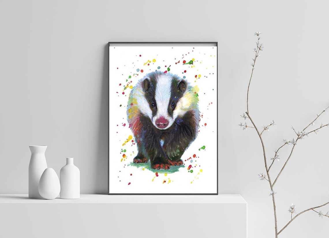 Cute Badger Watercolor Splash Woodland Animal Nature Art Poster