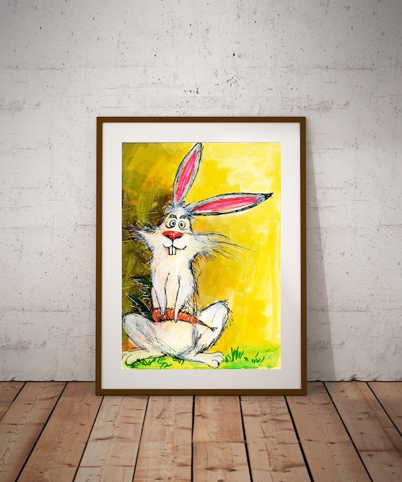 Funny Rabbit Holding Carrot Cute Cartoon Yellow Bunny Art Poster