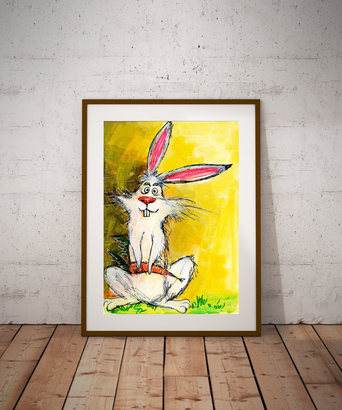 Funny Rabbit Holding Carrot Cute Cartoon Yellow Bunny Art Poster