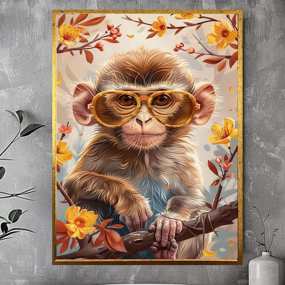 Cute Baby Monkey Oversized Sunglasses Autumn Floral Art Poster