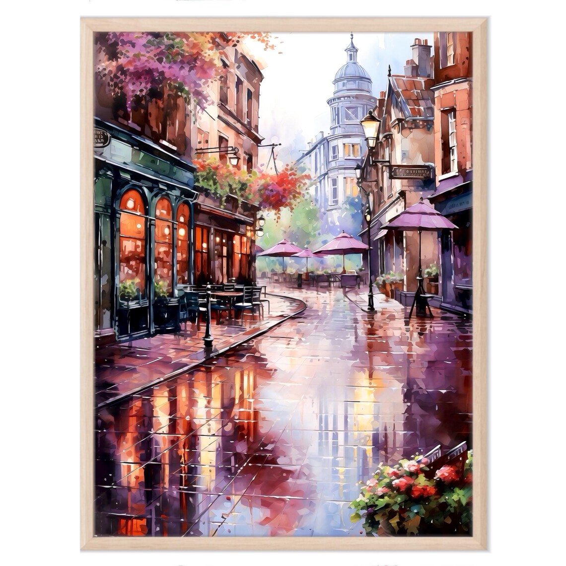 Rainy London Cafe Street Watercolor Old Town Scene Travel Poster