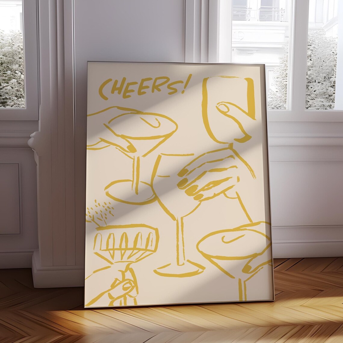 A Hand Drawn Yellow Cheers Cocktail Toast Line Artwork Poster