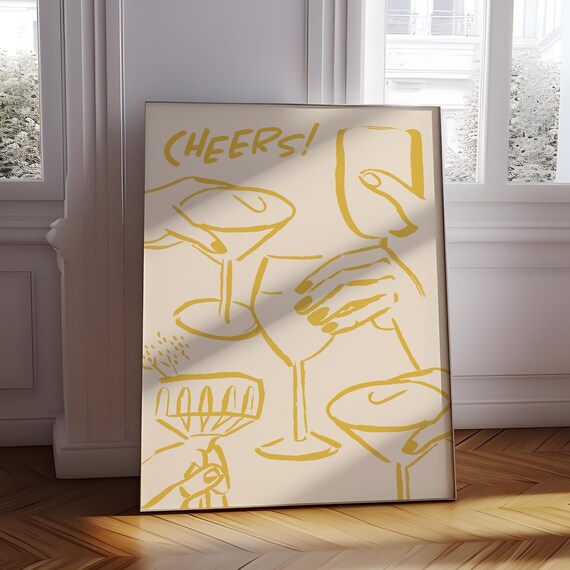 A Hand Drawn Yellow Cheers Cocktail Toast Line Artwork Poster