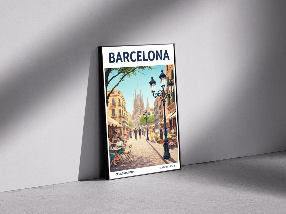 Barcelona Spain Travel Poster of the Sagrada Familia Street Scene