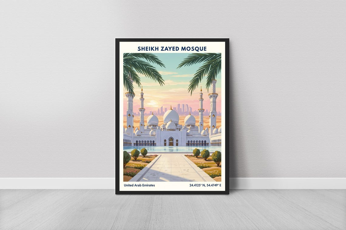 Sheikh Zayed Mosque Abu Dhabi UAE White Domes Sunset Travel Poster