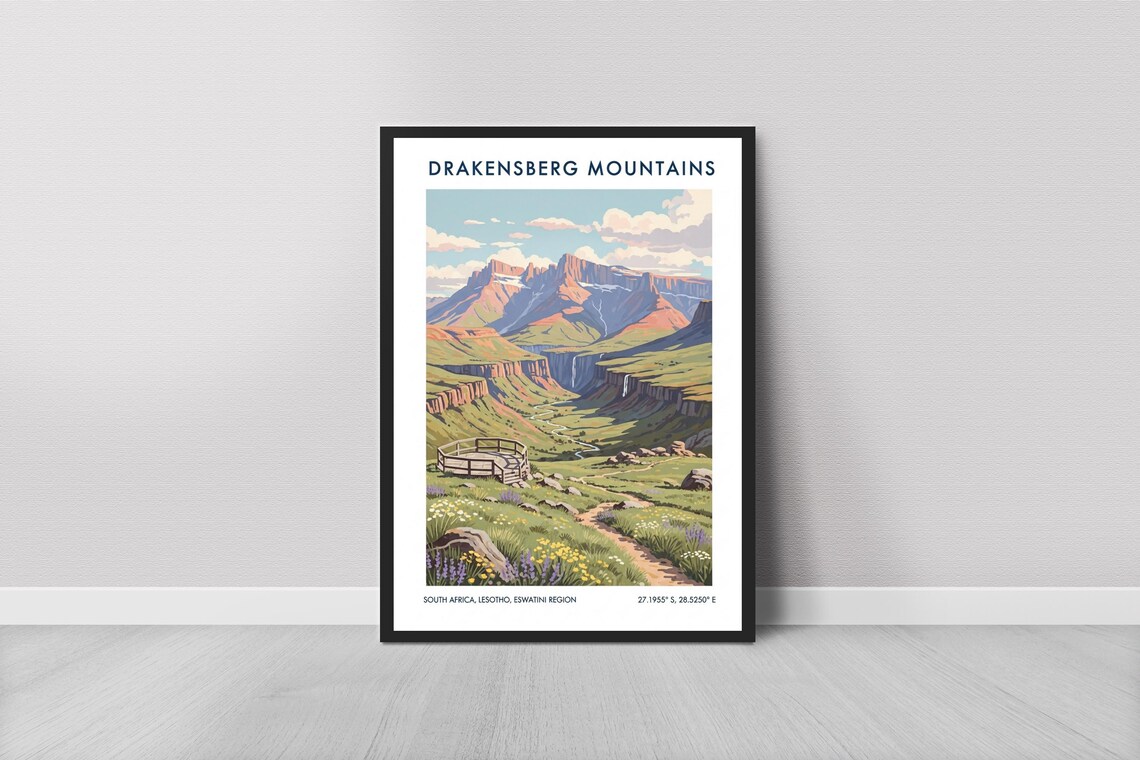 Drakensberg Mountains Travel Poster Pastel Landscape South Africa Decor