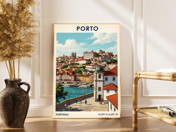 Porto Cityscape Art Print Vintage Portugal Travel Poster