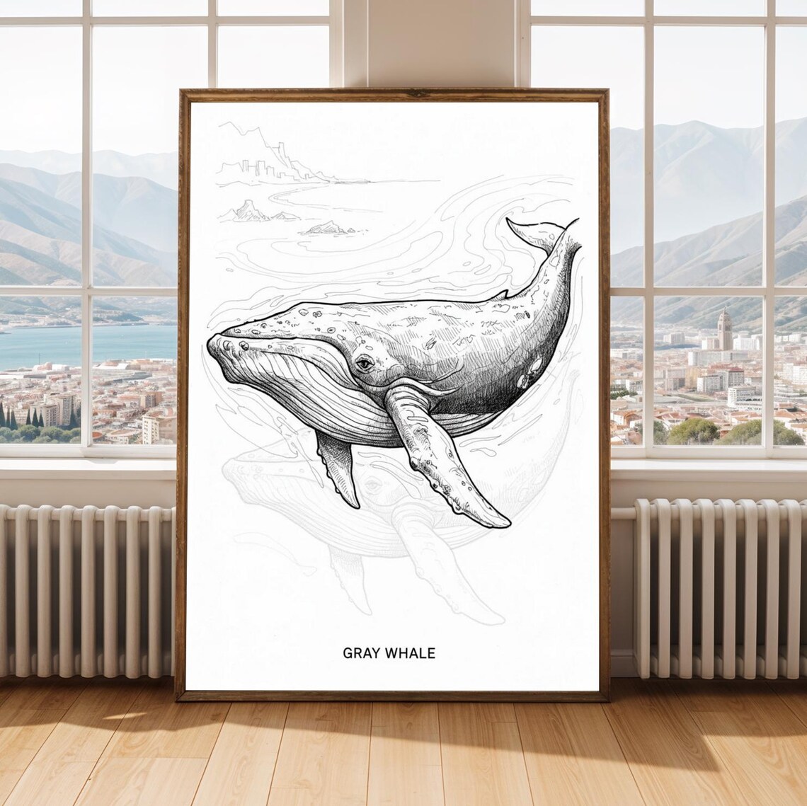 Gray Whale Swimming Black and White Fine Line Illustration Poster