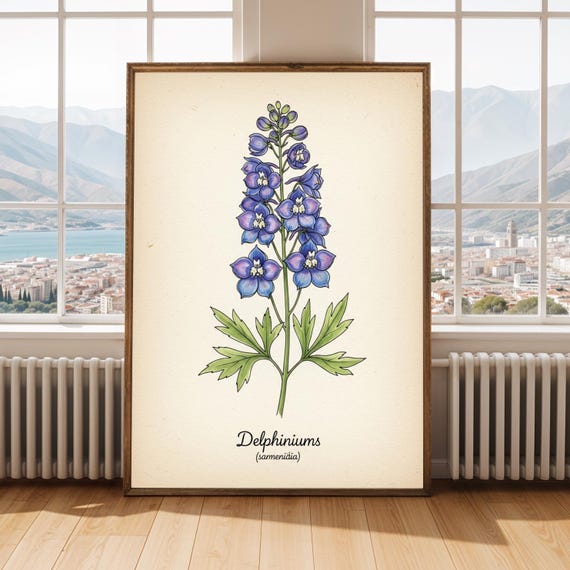 Botanical Illustration Poster Blue And Green Watercolor Art Vintage Floral Print Naturalistic Style Lovers Gift