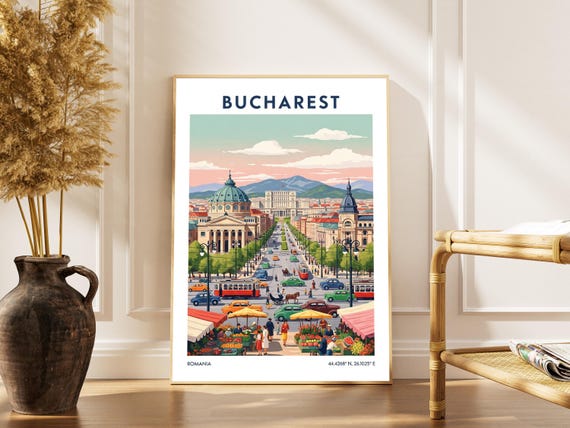 Bucharest Travel Poster Vintage Gouache Cityscape Art Print