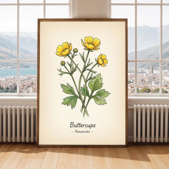 Buttercups Botanical Print Vintage Yellow Floral Art
