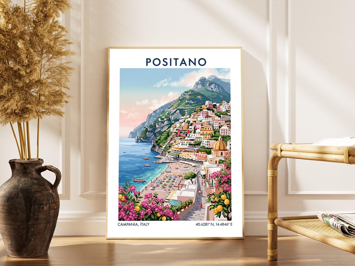 Positano Italy Campania Coast Amalfi Seaside Town Retro Travel Poster