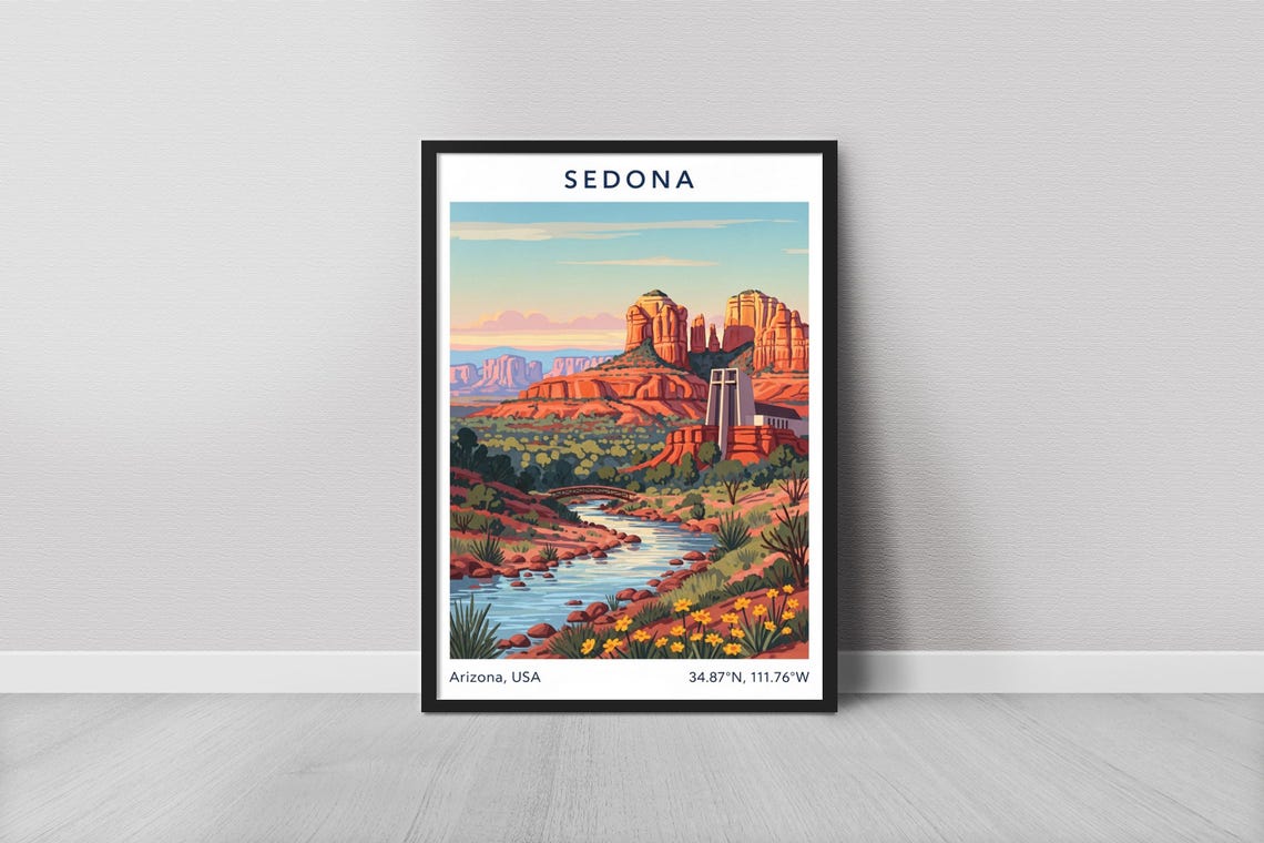 Sedona Arizona USA Travel Poster Red Rocks Chapel River View