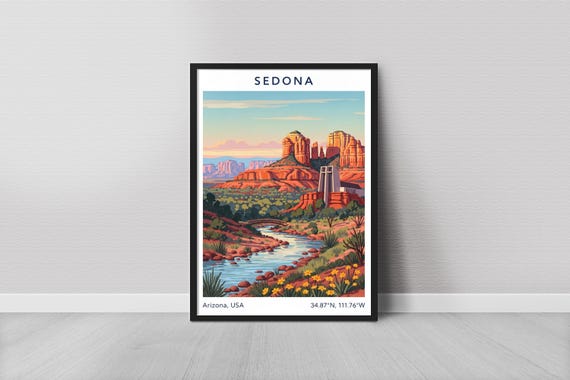 Sedona Art Print Minimalist Red Rocks Canyon Landscape With River And Yellow Flowers Arizona